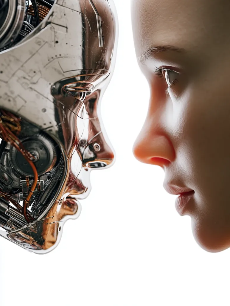 A close-up shot shows the profiles of a human and a robot facing each other.  The robot's head is metallic, revealing intricate internal mechanisms.  The human's face is soft and smooth, contrasting sharply with the robot's cold, mechanical features.  The image evokes themes of artificial intelligence, human-machine interaction, and the future.
