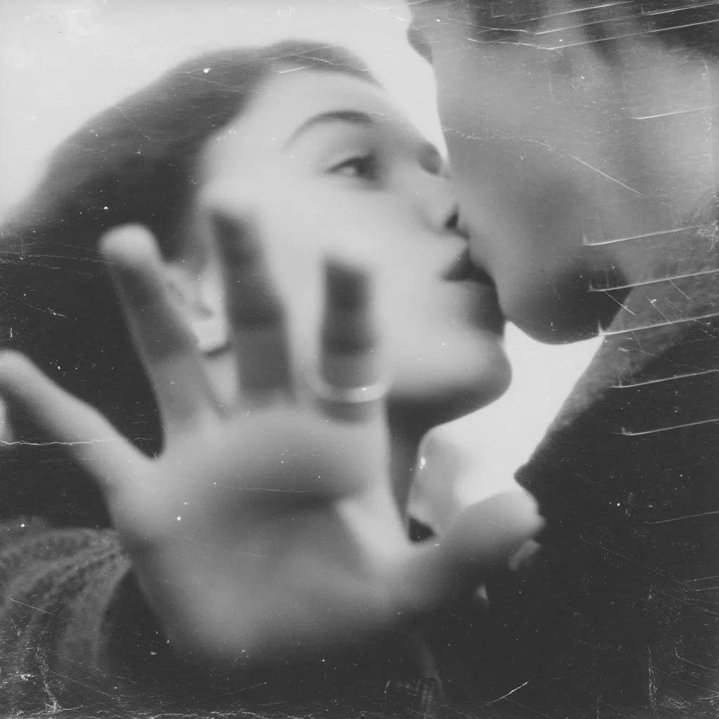 A black and white, out-of-focus photograph depicts a couple about to kiss.  The woman's hand is raised between them, obscuring part of their faces, creating a sense of hesitation or reluctance. The image is grainy and textured, suggesting age and perhaps a damaged original. The overall mood is melancholic and intimate, with a hint of mystery.