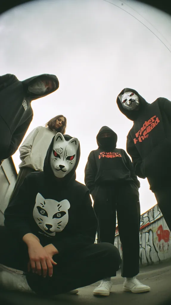 A fisheye-lens photo shows a band, possibly called Fader Head, posing against a graffitied wall.  Four individuals in black hoodies are arranged in a circle, looking towards the camera. Two wear animal masks; one is a white fox mask, the other a cat-like design. The style is dark and edgy, highlighting the band's mysterious aesthetic.  The background is a light overcast sky.