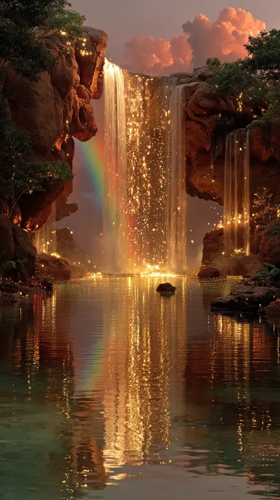 A breathtaking waterfall cascades into a serene pool, its water shimmering with golden light.  A vibrant rainbow arcs across the scene, adding to the magical atmosphere.  Luminous particles dance in the falling water, creating a dreamlike effect.  Surrounding the waterfall are rocky cliffs draped in lush greenery, and the entire scene is bathed in the soft glow of a twilight sky.