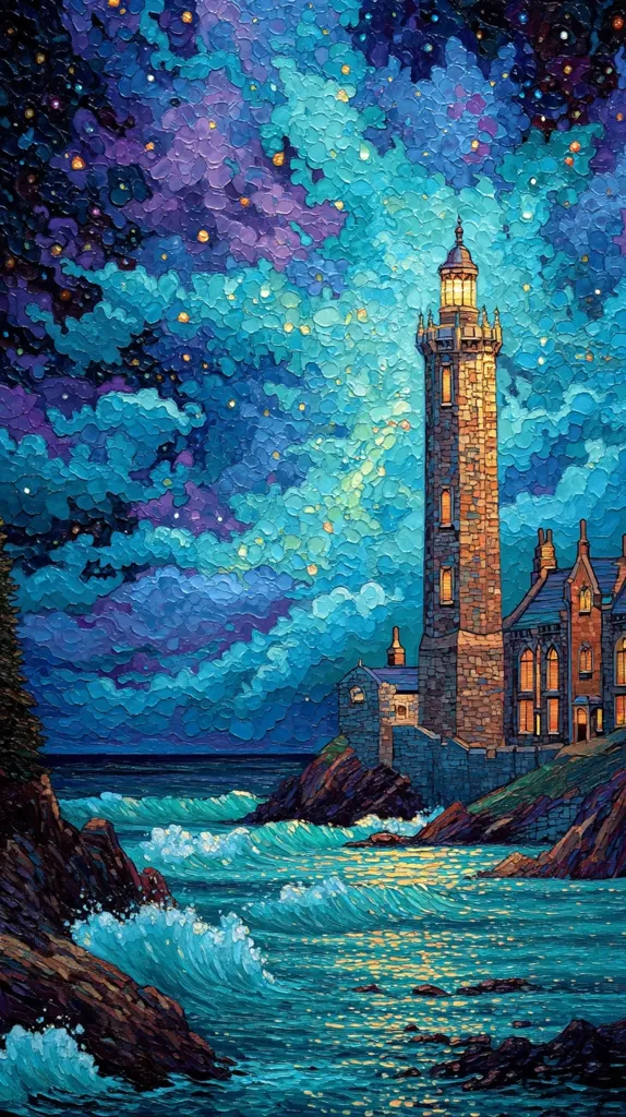 A stunning nighttime seascape features a majestic lighthouse standing tall against a vibrant, star-studded sky.  The ocean waves crash against rocky shores, their turquoise hues mirroring the colors of the heavens.  The lighthouse's warm light reflects on the water, creating a captivating contrast against the deep blues and purples of the night.  The painting is rich with texture and detail, showcasing a masterful use of color and light.