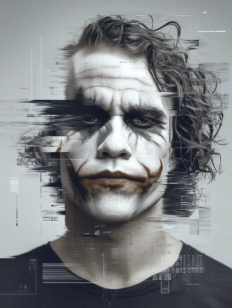 A stylized portrait of a man with Joker-like makeup.  His face is partially obscured by a digital glitch effect, creating a fragmented, technological overlay.  The grayscale palette and stark contrast emphasize the unsettling juxtaposition of the classic villain's aesthetic and modern digital distortion.  The overall impression is one of chaos and technological disruption.