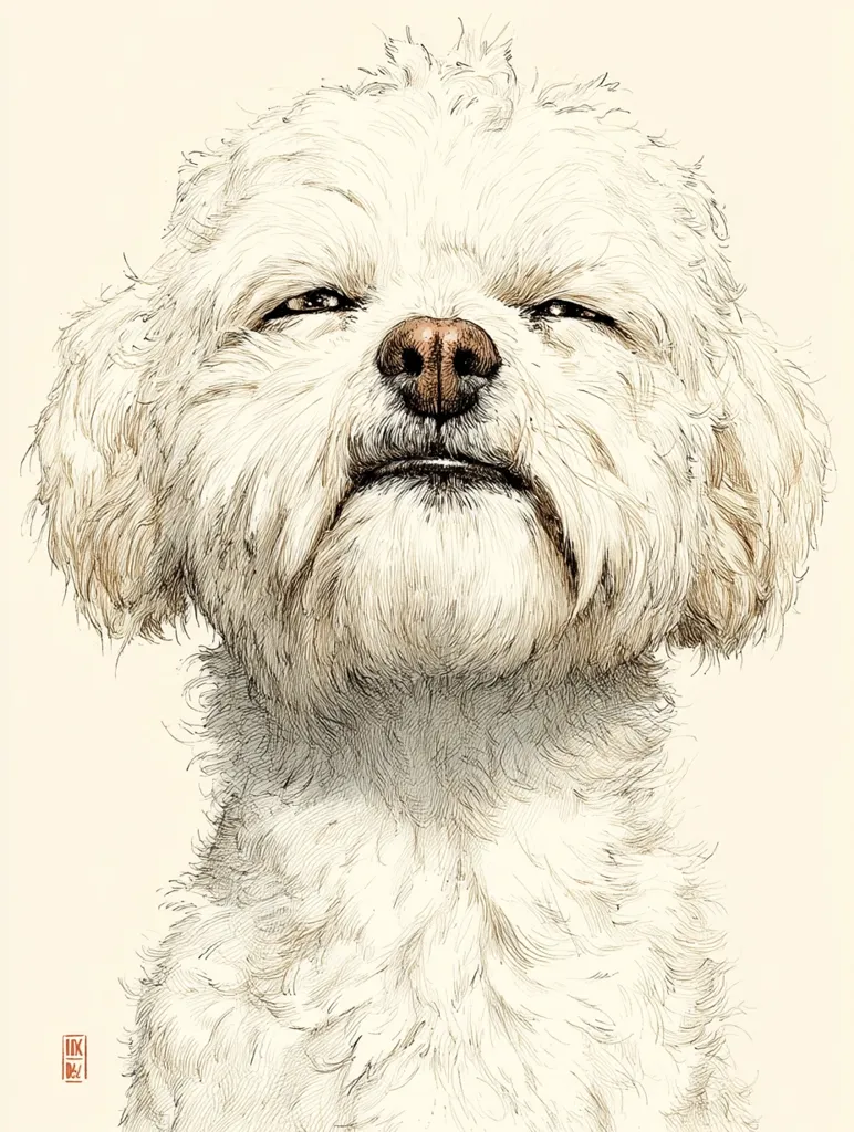 A detailed pen-and-ink drawing of a fluffy white dog, possibly a Bichon Frise or similar breed. The dog's expression is serene and slightly smug, its eyes half-closed.  The artist has meticulously rendered the texture of the dog's fur, creating a realistic and expressive portrait. The background is a simple, off-white, allowing the dog to be the clear focal point.  The style is reminiscent of classic animal illustration.