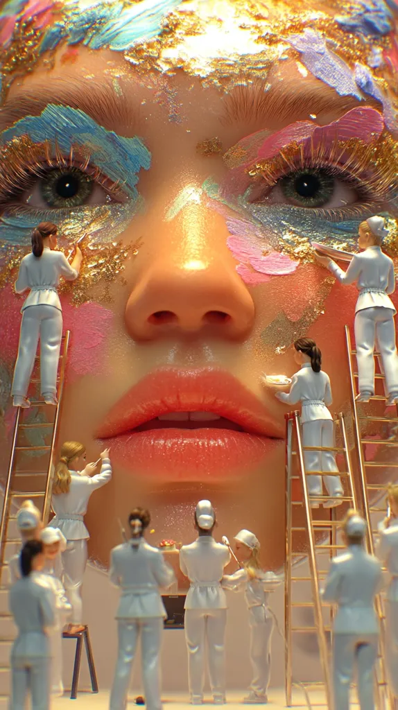 A giant face, painted with vibrant colors and gold leaf, is the centerpiece of this surreal artwork. Miniature figures, dressed in white, meticulously paint and decorate the face using ladders, adding intricate details. The scene blends macro and micro perspectives, creating a captivating visual contrast between the immense scale of the face and the tiny human figures working on it. The overall effect is dreamlike and artistic, emphasizing the meticulous effort involved in creating beauty.