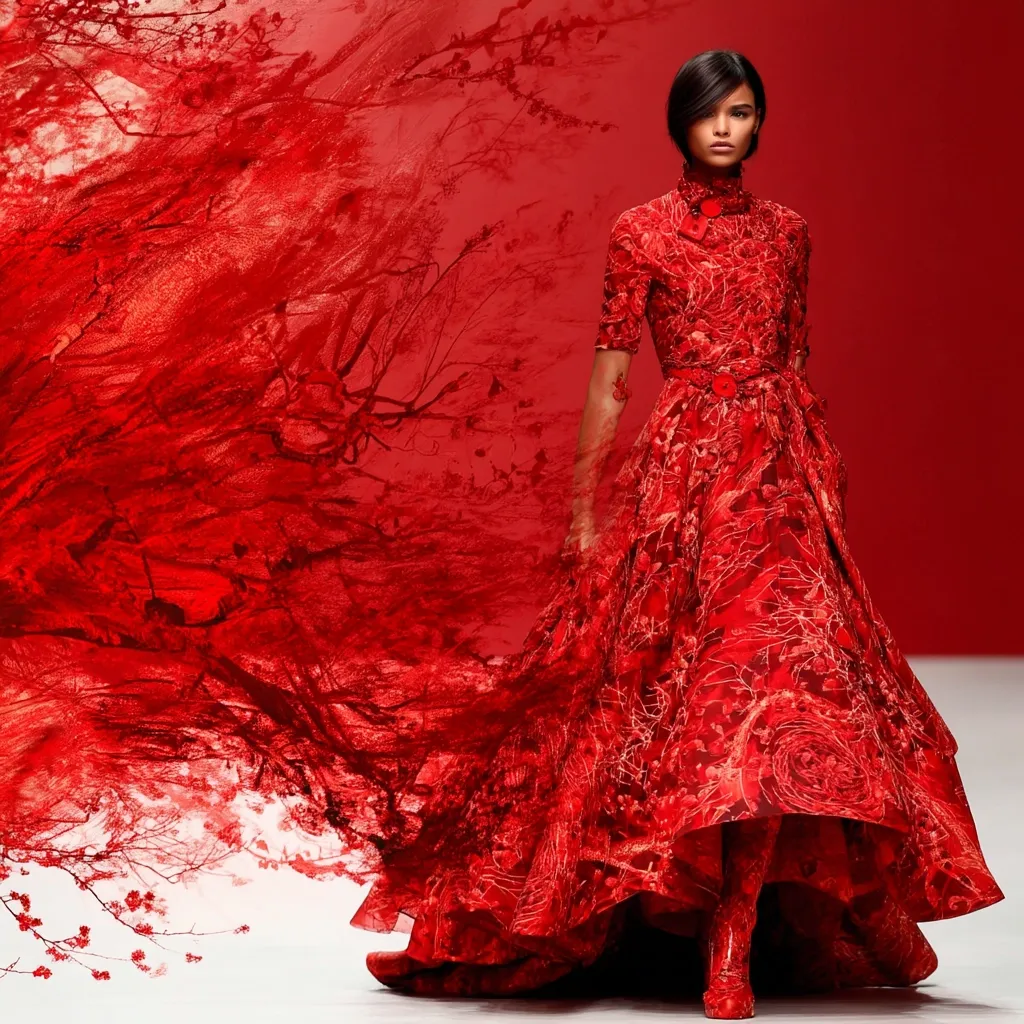 A model showcases a stunning crimson gown. The dress, a masterpiece of intricate floral detailing, flows dramatically.  The backdrop features a vibrant red, almost abstract, design suggesting a blossoming tree or a fiery landscape. The overall effect is one of intense color and romantic grandeur.  The model's short, dark hair complements the dress's bold statement.