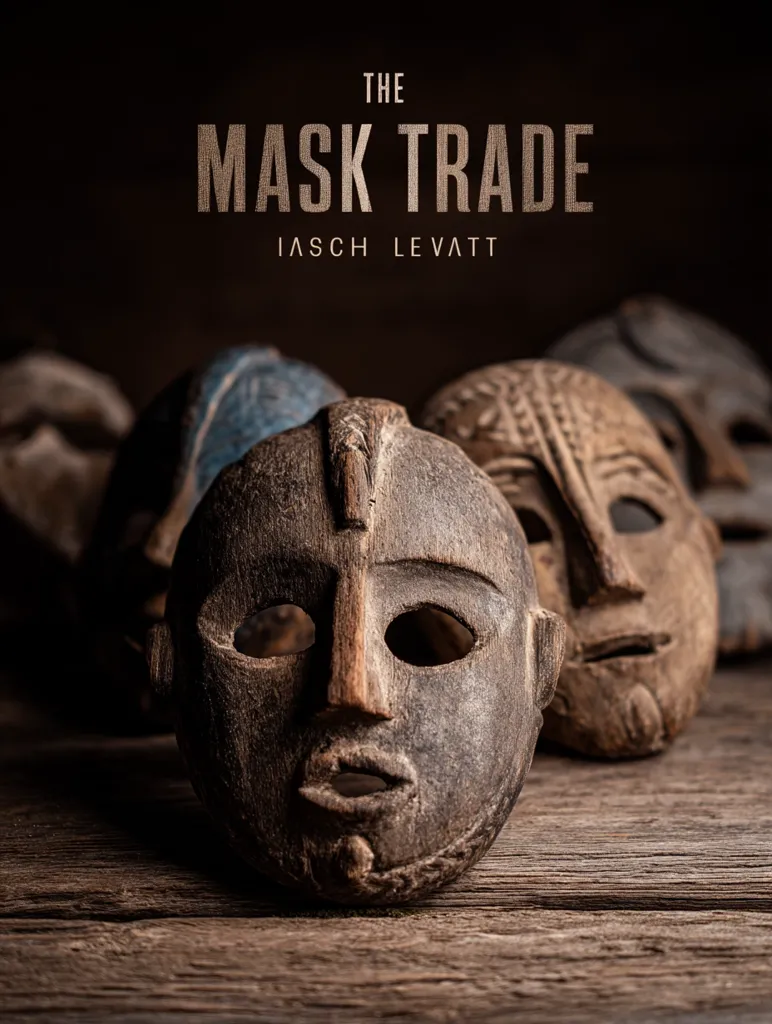 A collection of weathered, dark wooden masks rests on a rustic wooden surface.  The masks, varying in style and detail, evoke a sense of age and history. The title "The Mask Trade" and the names Iasch Levatt are displayed above, suggesting a documentary or artistic project exploring the history and cultural significance of these artifacts.  The dark background enhances the dramatic presentation of the masks.