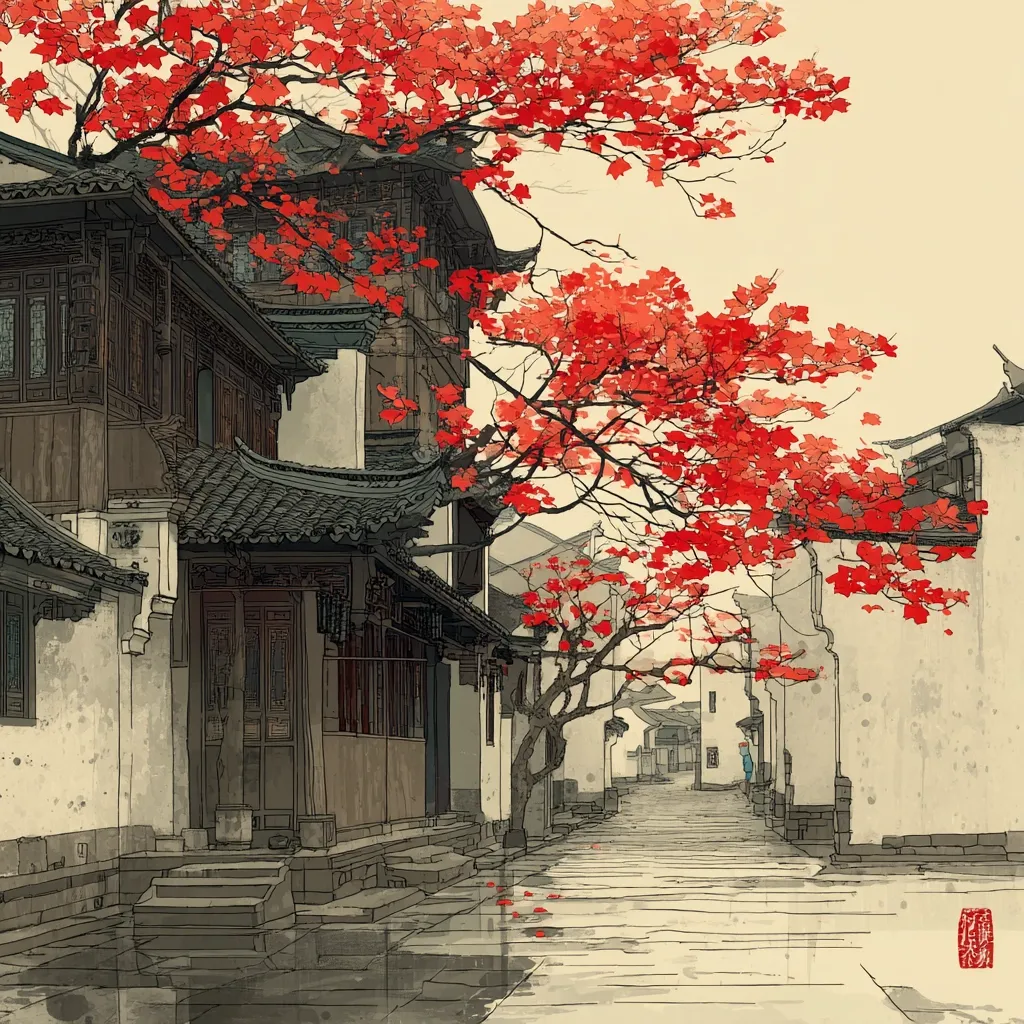 A tranquil alleyway in a traditional Chinese town is depicted, showcasing aged buildings with intricate architectural details. A vibrant crimson tree, possibly a maple, dominates the scene, its branches laden with autumn leaves, casting a warm hue over the wet cobblestone street. The style evokes a sense of serene beauty, reminiscent of classical Chinese ink wash painting. A solitary figure is seen in the distance, adding to the peaceful atmosphere.