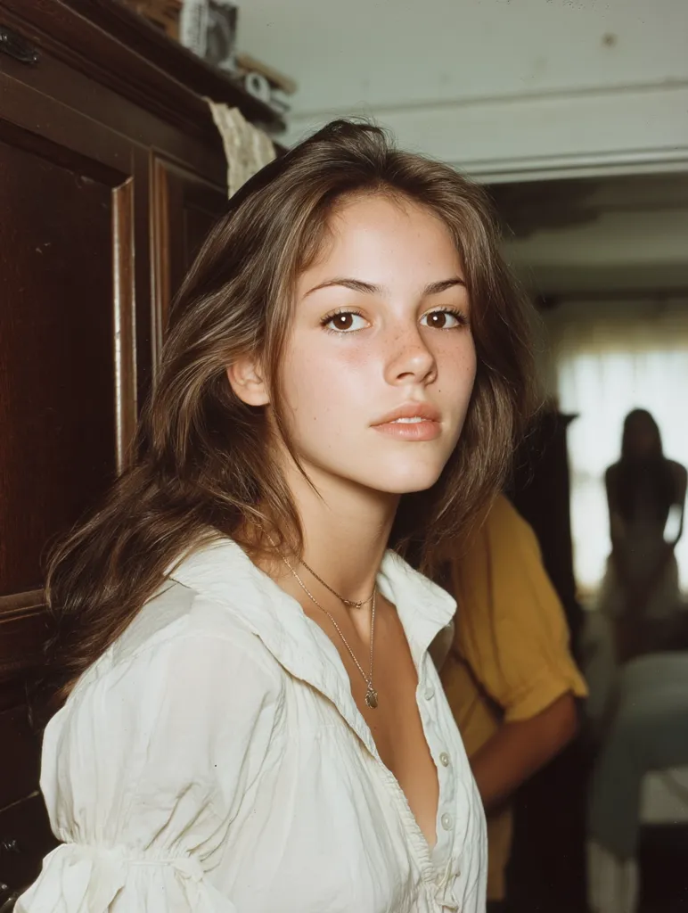 A young woman with long brown hair, wearing a cream-colored, loose-fitting blouse and delicate gold necklaces, leans against a dark wooden cabinet. Her expression is serene and slightly pensive. The background is blurred, showing a glimpse of another person and a sunlit room. The overall mood is calm and nostalgic, reminiscent of a vintage photograph.  Her makeup is minimal, emphasizing her natural beauty.