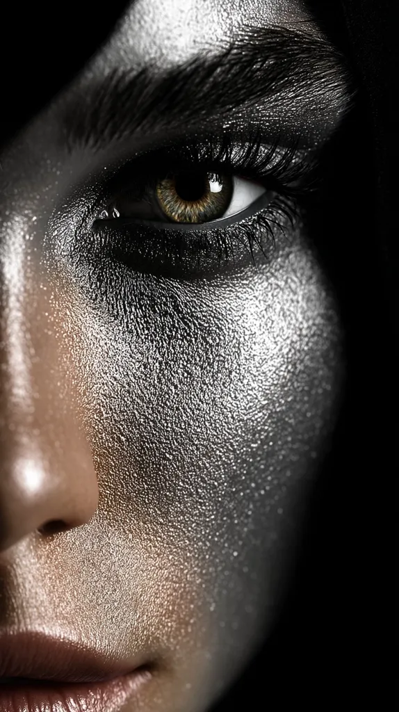 Close-up of a woman's face, partially obscured by shadow. Her skin is covered in a shimmering, metallic silver makeup, creating a textured effect.  Dark, dramatic eye makeup accentuates her expressive eye, with long lashes and a smoky effect. The focus is on the eye and the unique metallic finish of the makeup.  The overall mood is mysterious and glamorous.