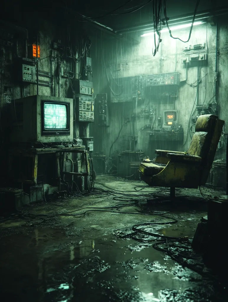 A dimly lit, derelict room, possibly a forgotten lab, is depicted.  Rainwater pools on the grimy floor, reflecting the greenish light.  Old, outdated technology, including a CRT monitor displaying green text and various electronic equipment, is strewn about. A worn, yellow armchair sits in the corner, adding to the desolate atmosphere. Wires snake across the floor, contributing to the overall sense of decay and abandonment.  The scene is dark, moody, and suggestive of a post-apocalyptic setting.