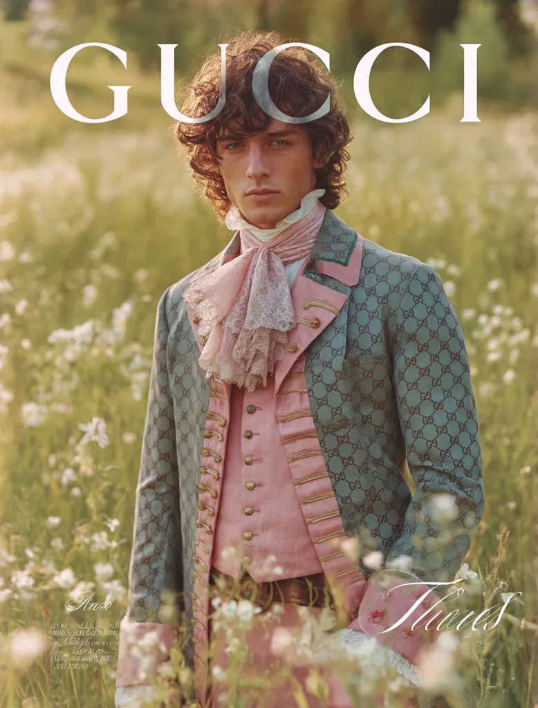 A Gucci advertisement features a male model in a field of flowers. He wears a teal and pink rococo-style jacket and waistcoat, adorned with the Gucci logo.  His curly hair and delicate pink cravat complete the romantic, vintage aesthetic. The "Gucci" logo is prominently displayed above the model, suggesting a high-fashion campaign. The image evokes a sense of elegance and timeless style.
