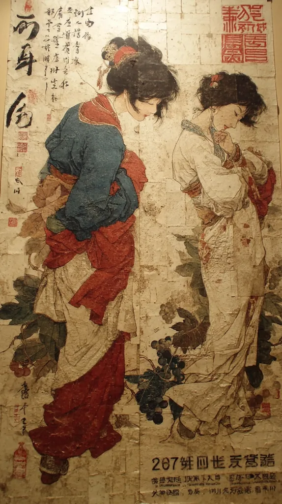 A detailed image showcasing a traditional East Asian artwork. Two women, elegantly dressed in flowing robes, are depicted against a backdrop of grapevines.  The style is reminiscent of classical Chinese painting, with delicate brushstrokes and muted colors.  The women's postures suggest grace and contemplation. Chinese calligraphy is visible on the piece, likely describing the artwork or the depicted scene. The overall impression is one of serenity and artistry.