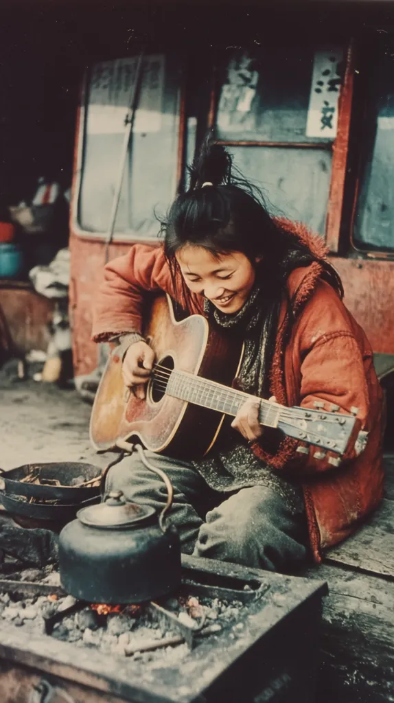 A young woman with dark hair tied up in a bun sits cross-legged outdoors, playing an acoustic guitar.  She wears a red jacket and is seated near a small, makeshift fire with a kettle warming on top. The setting appears rustic and possibly remote, with a weathered vehicle visible in the background.  Her expression is one of quiet contentment as she plays her instrument.