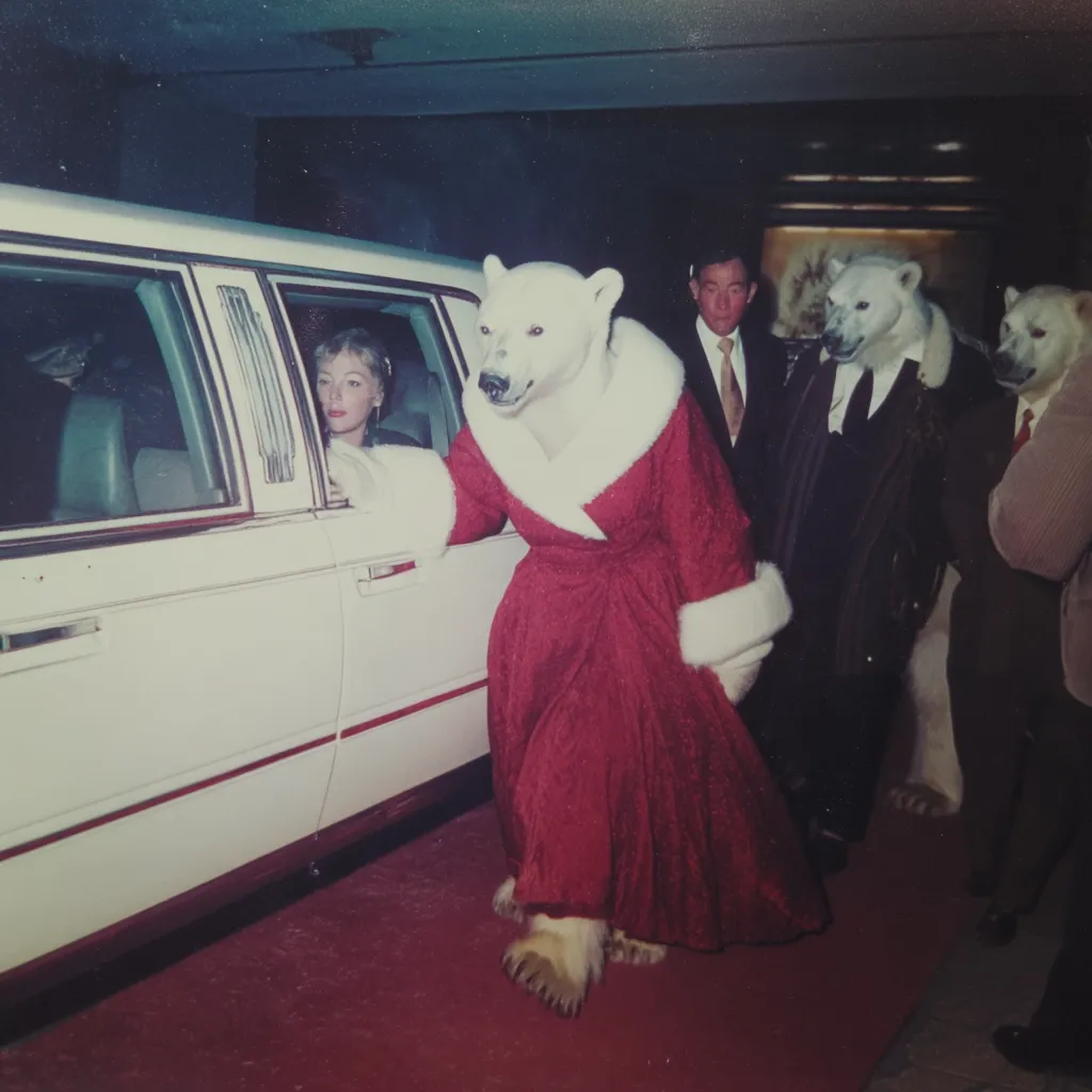 A polar bear in a red dress and white fur trim exits a white limousine.  A woman is seen inside the car.  Two other polar bears, also in formal attire, and several men in suits stand nearby on a red carpet, suggesting a formal event. The scene is whimsical and unusual.