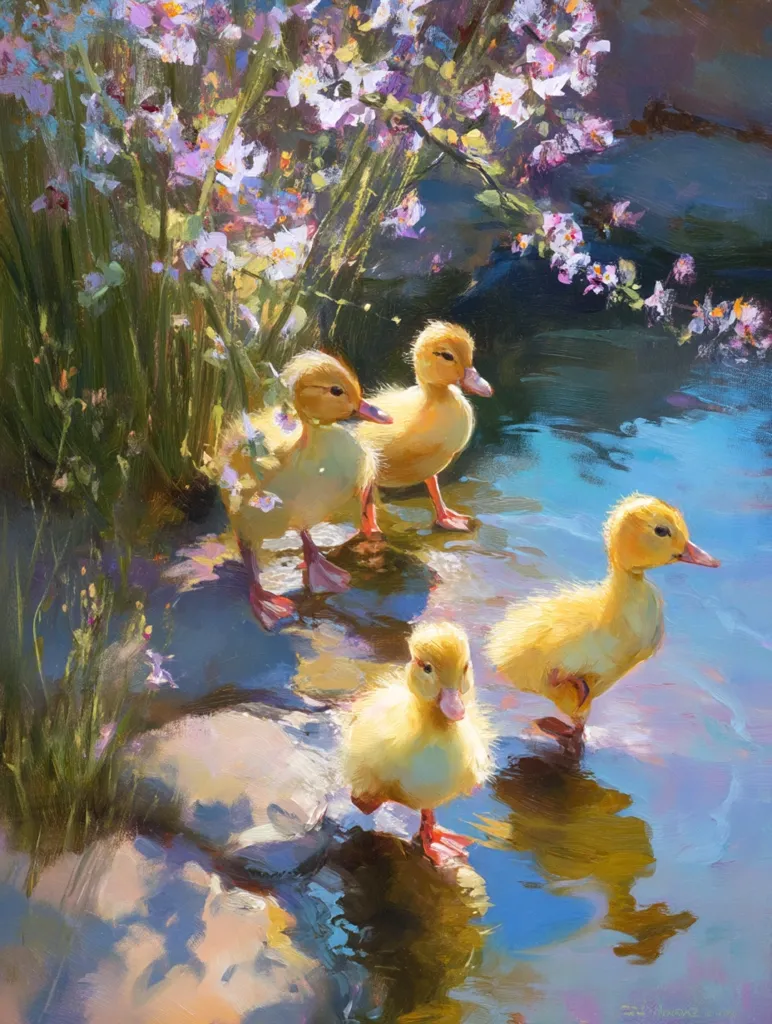 Four fluffy yellow ducklings waddle near a tranquil pond, bathed in sunlight.  Lush purple wildflowers frame the scene, their vibrant blossoms contrasting with the ducklings' soft plumage. The water reflects the light, creating a shimmering effect. The painting captures a tender moment of youthful exploration in a vibrant natural setting.