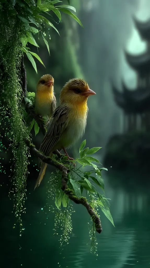 Two small, yellow-green birds perch on a moss-covered branch draped with lush green foliage.  Water, dark and still, forms the background, with a blurred pagoda-like structure visible in the distance.  The scene is serene and peaceful, imbued with a mystical, almost ethereal quality, thanks to soft lighting and a dreamy atmosphere. Water droplets cling to the leaves.
