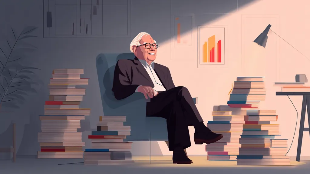An illustration depicts Warren Buffett, seated in a blue armchair, amidst stacks of books.  Sunlight streams into the room, illuminating him and highlighting the numerous volumes surrounding him. He's dressed in a dark suit, appearing relaxed and content. The setting suggests a study or office, with charts and a desk visible in the background. The image conveys a sense of intellectual wealth and accomplishment.