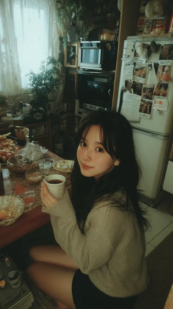 A young woman with long dark hair sits at a cluttered kitchen table, holding a warm drink.  She's wearing a light beige sweater and a dark skirt. The kitchen is filled with vintage appliances, plants, and various items, creating a cozy, slightly chaotic atmosphere.  The overall tone is warm and intimate.