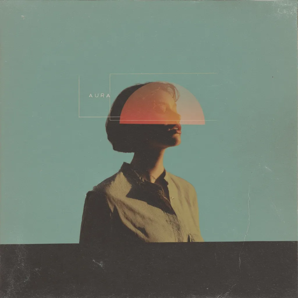 A woman with short hair is depicted against a teal background.  A semi-circular, sunset-like image overlays her face, partially obscuring it. The word "AURA" is subtly placed above the woman's head. The overall style is a vintage-inspired digital collage, creating a dreamy and ethereal mood. The image has a slightly textured, faded look.  A dark band separates the woman from the bottom of the image.