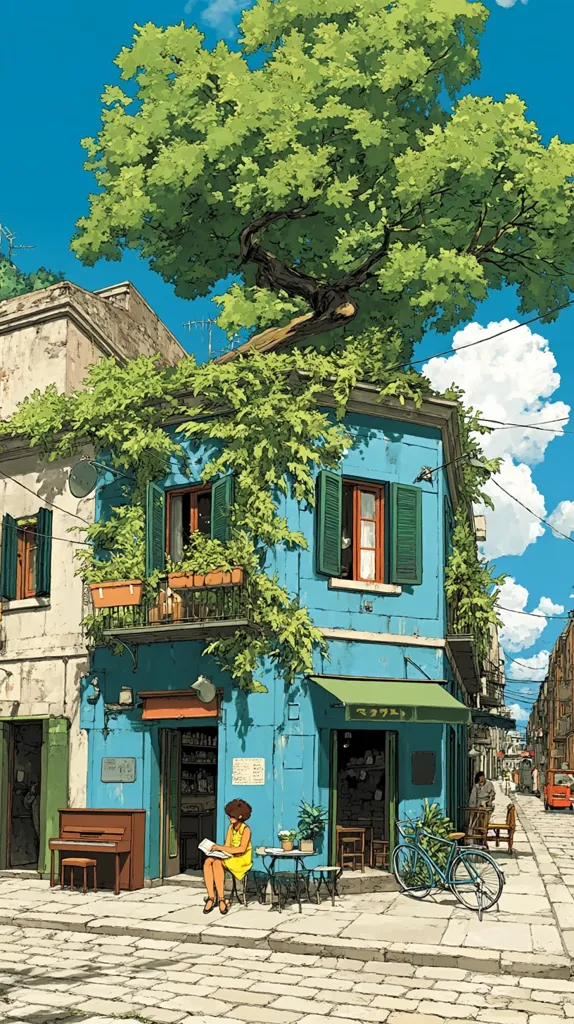 A vibrant illustration depicts a quaint, ivy-covered blue building under a sprawling tree.  A woman in a yellow dress sits outside a cafe, reading a book at a small table. A bicycle is parked nearby, and a piano rests against the building's wall. The sunlit street scene is filled with European charm, showcasing a peaceful atmosphere in a picturesque setting.  The overall style is reminiscent of anime or manga.
