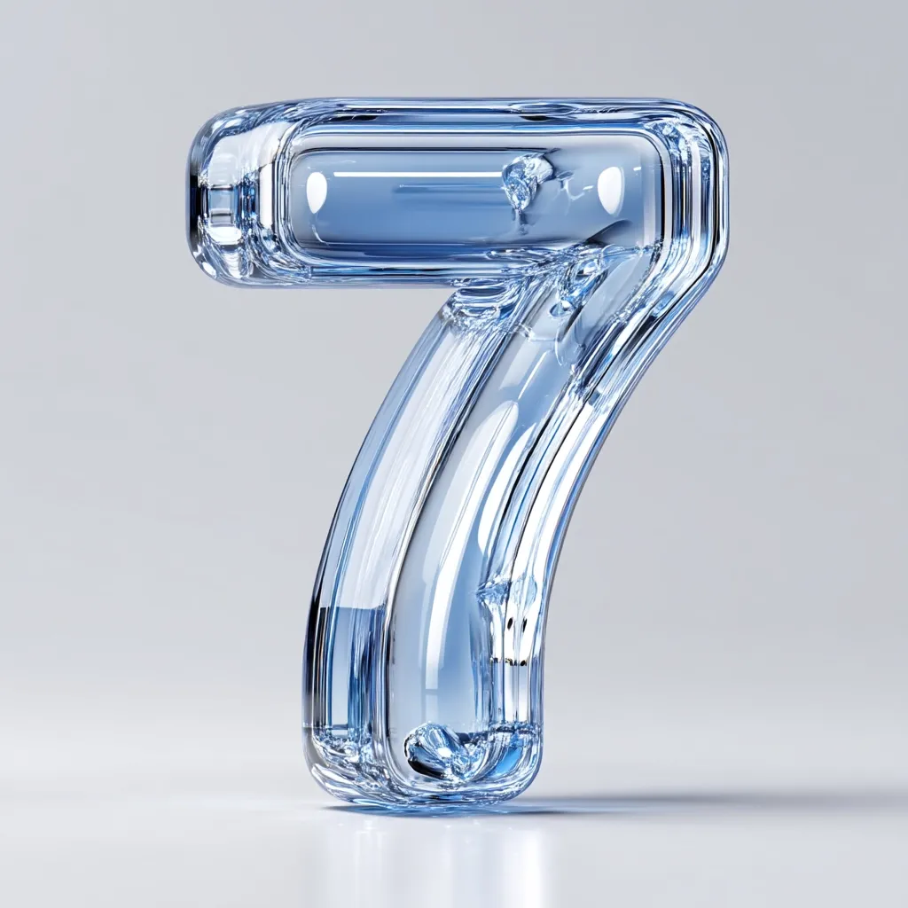 A three-dimensional rendering showcases the number seven, sculpted from translucent, light blue glass.  The glass appears thick and slightly textured, giving the impression of liquid glass frozen in its form. The number is set against a simple, light gray background, allowing the glassy texture and form to be the focal point.  The reflective surface beneath subtly mirrors the number.