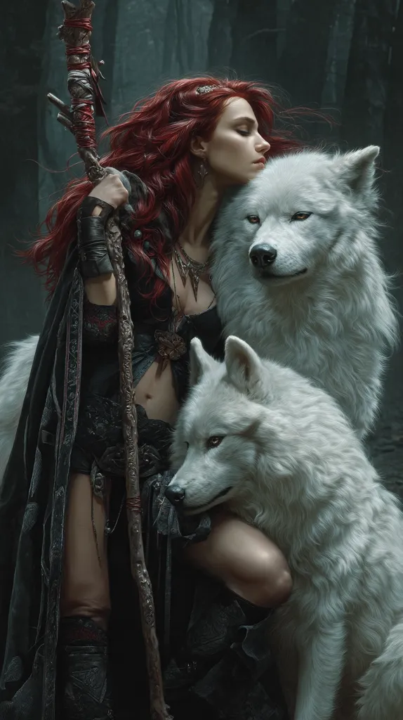 A fantasy portrait depicts a red-haired woman, clad in dark, mystical attire, standing amidst a shadowy forest.  She holds a staff, and two majestic white wolves rest against her, one on either side.  The woman's expression is serene, suggesting a deep connection with the wolves and the natural world around her.  The overall mood is dark, ethereal, and evocative of ancient folklore.
