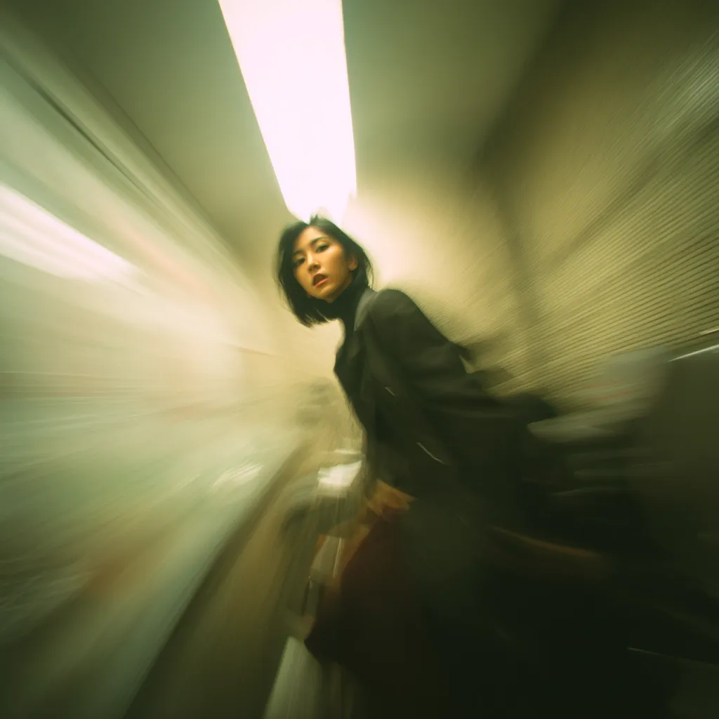 A young woman with dark hair and a black jacket walks down a corridor. The image is blurred, creating a sense of motion and speed. The lighting is soft and muted, with a bright light source visible at the top of the frame. The overall mood is mysterious and slightly melancholic.  The background is out of focus, emphasizing the woman as the central figure.