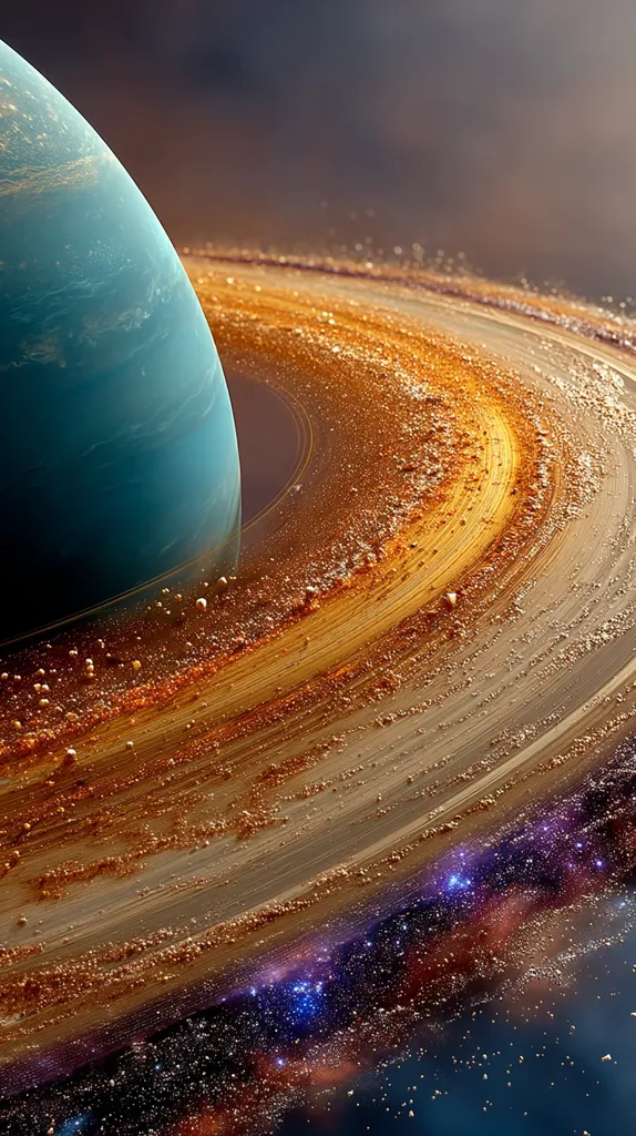 A vibrant teal planet dominates the foreground, partially obscured by a breathtaking, expansive ring system.  The rings are a rich tapestry of gold and brown, textured with countless small particles, creating a sense of depth and scale.  Beyond the rings, a starry nebula stretches into the distance, its vibrant blues and purples contrasting beautifully with the warmer tones of the rings and planet. The image evokes a sense of cosmic wonder and vastness.