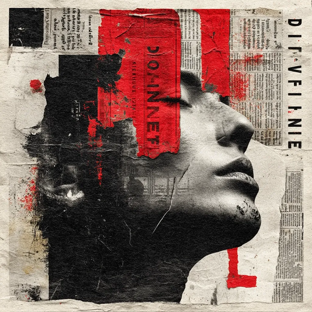 A monochromatic portrait, rendered in shades of black, white, and red, is overlaid on a textured background resembling aged newspaper clippings.  The face, partially obscured by the fragmented newspaper, evokes a sense of mystery and melancholia.  Bold red accents, including the title "DIO-NNET", contrast sharply with the muted tones, creating a visually striking and emotionally evocative piece of digital art.
