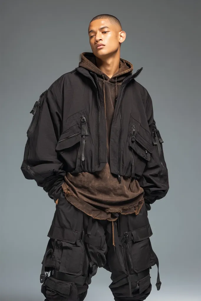 A male model sports a stylish ensemble.  He wears a cropped black utility jacket adorned with numerous pockets and zippers, layered over a distressed brown long-sleeved shirt.  The outfit is completed with black cargo pants featuring multiple pockets and straps, creating a utilitarian and edgy look. The model's short hair and serious expression add to the overall fashion statement.