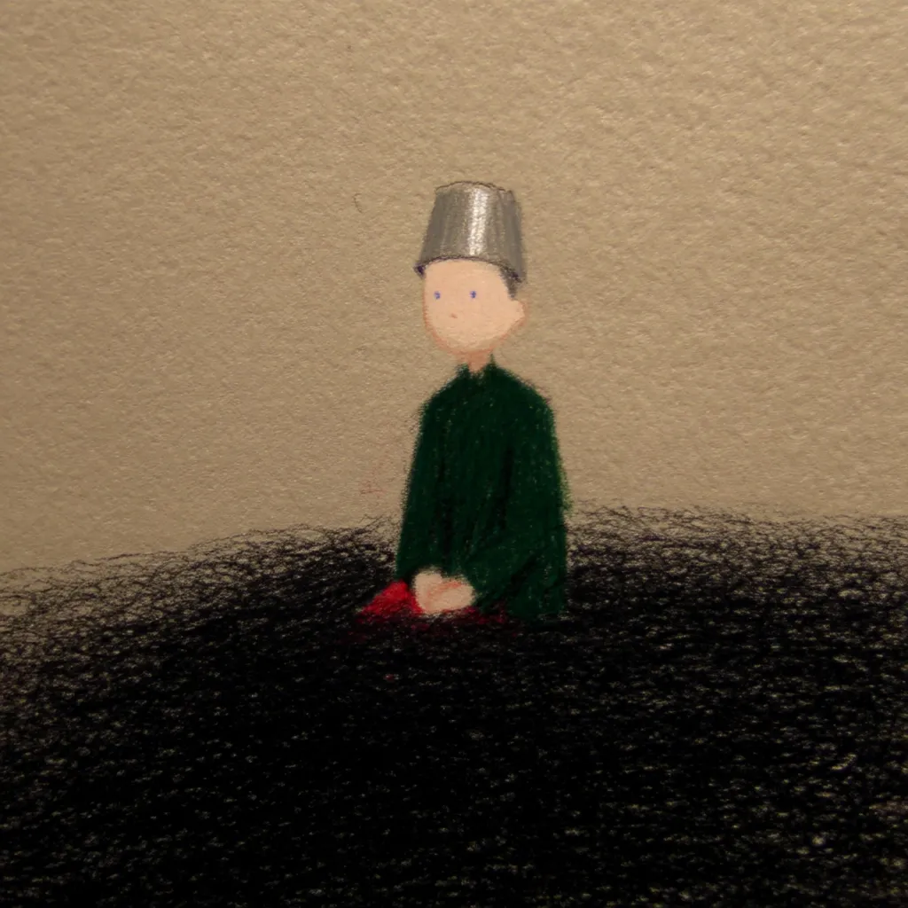 A childlike figure, wearing a green tunic and a silver bucket hat, sits amidst a vast, dark, textured expanse. The figure's simple features and posture convey a sense of quiet contemplation or solitude.  The contrast between the small figure and the overwhelming darkness emphasizes a feeling of isolation or vulnerability.  The muted color palette and textured style add to the melancholic atmosphere of the artwork.