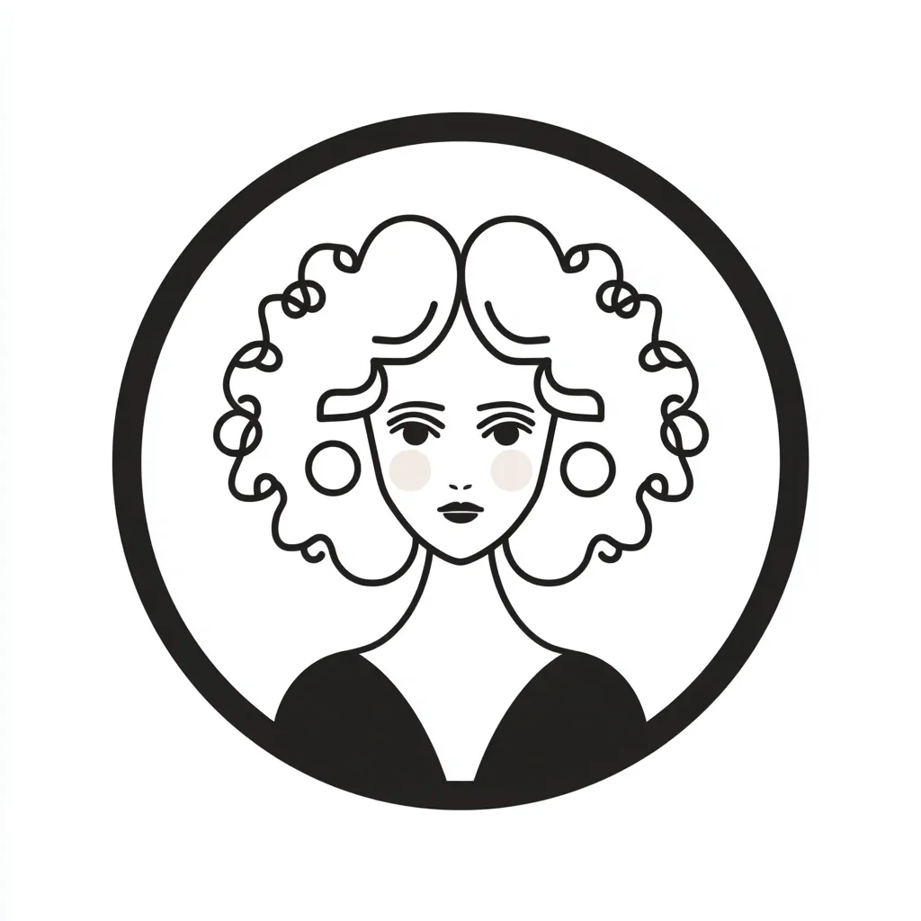 A minimalist line drawing depicts a woman with large, curly hair and round earrings.  She has a serene expression and is wearing a dark, simple neckline. The portrait is enclosed within a bold black circle, creating a clean, modern aesthetic. The style is reminiscent of art deco or mid-century modern design. The image is monochromatic, using black and white only.