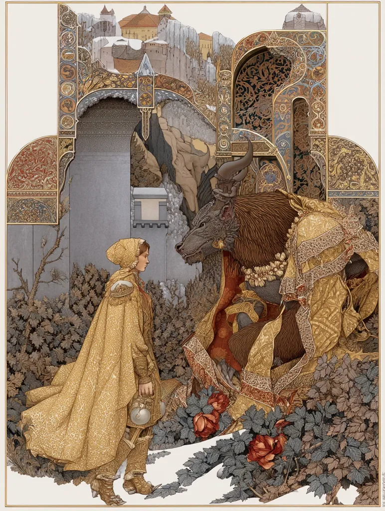 A young person in a gold cloak stands before a large, horned beast draped in rich fabrics.  The scene is set against an ornate, architectural backdrop reminiscent of Art Nouveau style, featuring intricate arches and carvings. A snow-covered, fortified settlement is visible in the distance. The overall aesthetic suggests a fairytale or fantasy setting, with meticulous detail in both the characters and the background.  The mood is one of quiet encounter or perhaps a challenge.
