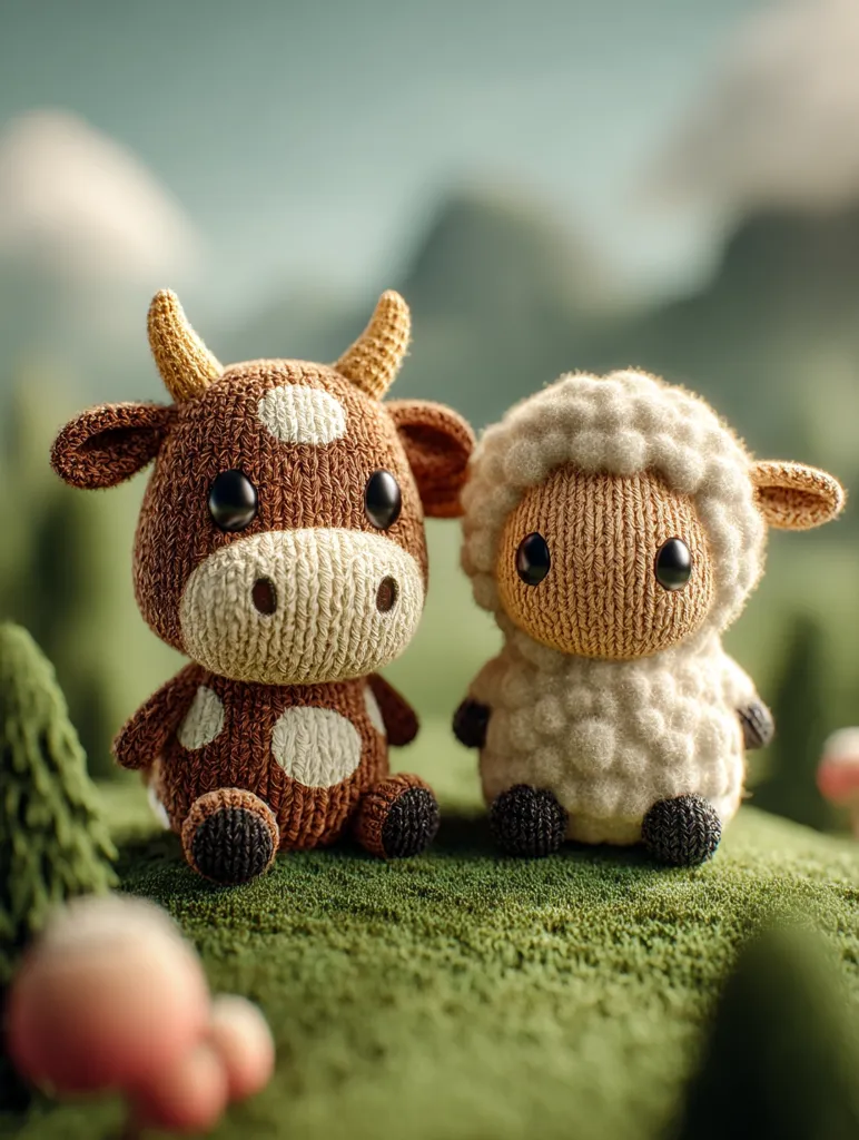 Two adorable knitted animal plushies sit side-by-side on a mossy surface.  A brown cow with white spots and a fluffy white sheep with dark eyes share a heartwarming scene, set against a blurred background suggesting a pastoral setting.  The intricate detail in the knitting and the soft lighting create a charming and peaceful image.
