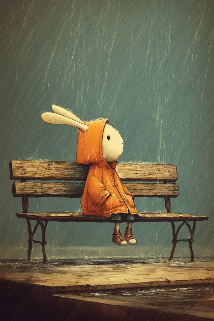 A whimsical illustration depicts a rabbit wearing an orange raincoat, sitting alone on a park bench during a heavy downpour.  The rain falls in vertical streaks, creating a melancholic mood.  The rabbit's posture suggests contemplation or loneliness, its gaze directed upward.  The scene is rendered with soft, muted colors, enhancing the sentimental atmosphere.