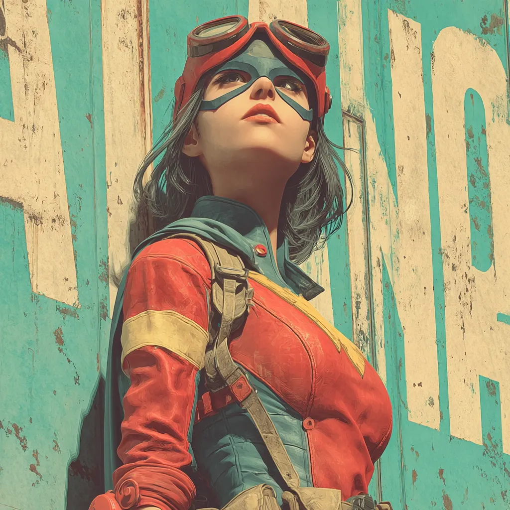 A stylized illustration depicts a female superhero. She possesses dark hair, a determined expression, and wears goggles. Her attire consists of a red and teal leather jacket, reminiscent of a retro or steampunk aesthetic.  The background features a weathered teal wall with faded lettering, enhancing the vintage atmosphere. The overall style is reminiscent of comic book art with a digitally painted texture.