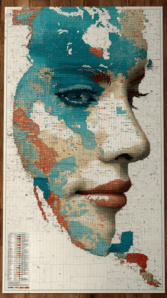 A striking artwork depicts a woman's face meticulously crafted from a world map.  The image utilizes a gridded mosaic style, with each square of the map forming a pixel in the portrait.  Colors range from teal and beige to burnt orange, creating a textured, almost three-dimensional effect. The map's geographic details are subtly visible within the face's features, establishing a unique blend of cartography and portraiture. A legend is visible at the side.