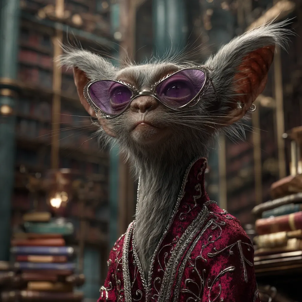 A close-up reveals a whimsical anthropomorphic creature, possibly a cat or mouse, with large ears and grey fur.  It sports stylish purple glasses and a richly embroidered, dark red robe.  The background suggests a dimly lit library, filled with stacks of ancient books, contributing to a mysterious and sophisticated atmosphere. The creature's expression is one of quiet confidence and perhaps a touch of slyness.