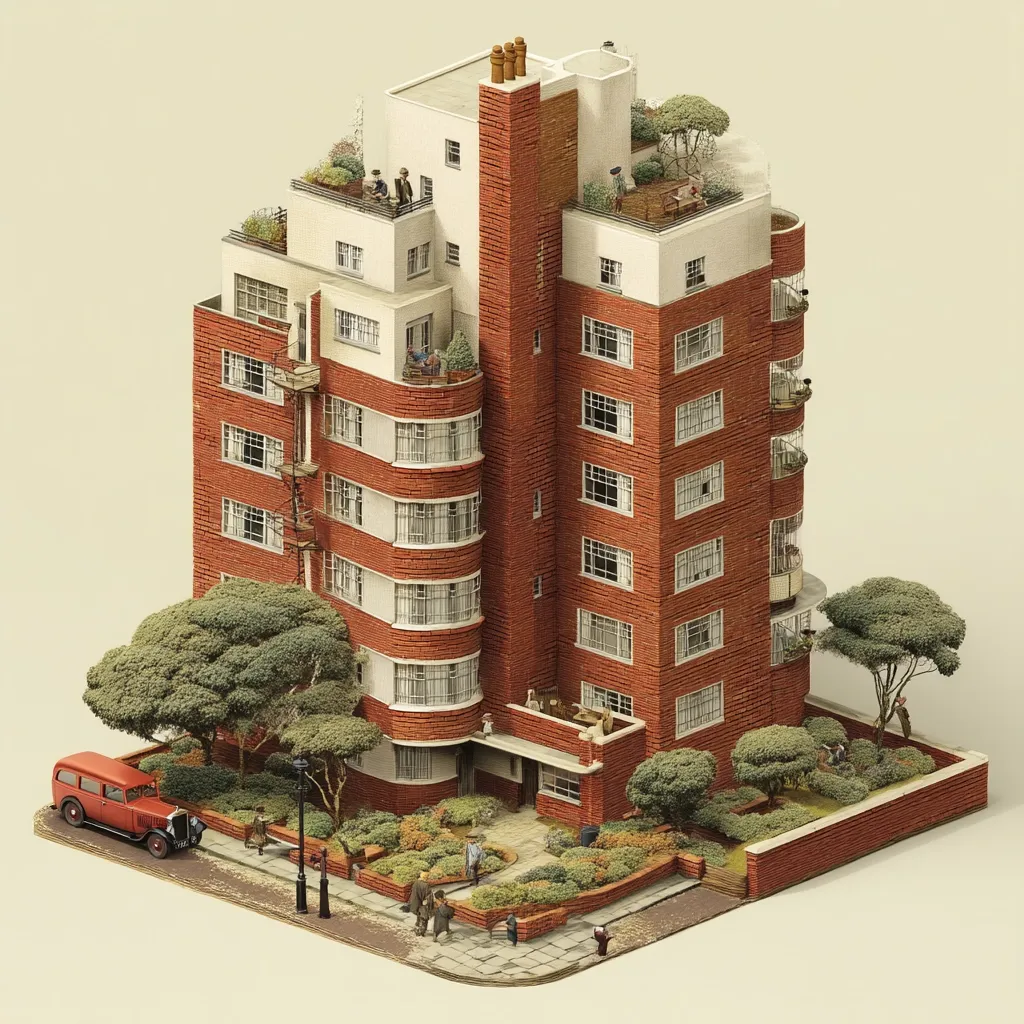 A detailed isometric illustration depicts a vintage brick apartment building.  The building features multiple stories, balconies, rooftop gardens, and a curved section.  Small figures are scattered around the building and its landscaped grounds, adding a sense of scale and life. A classic red car is parked on the street, enhancing the retro aesthetic. The overall style is reminiscent of mid-20th-century architecture.