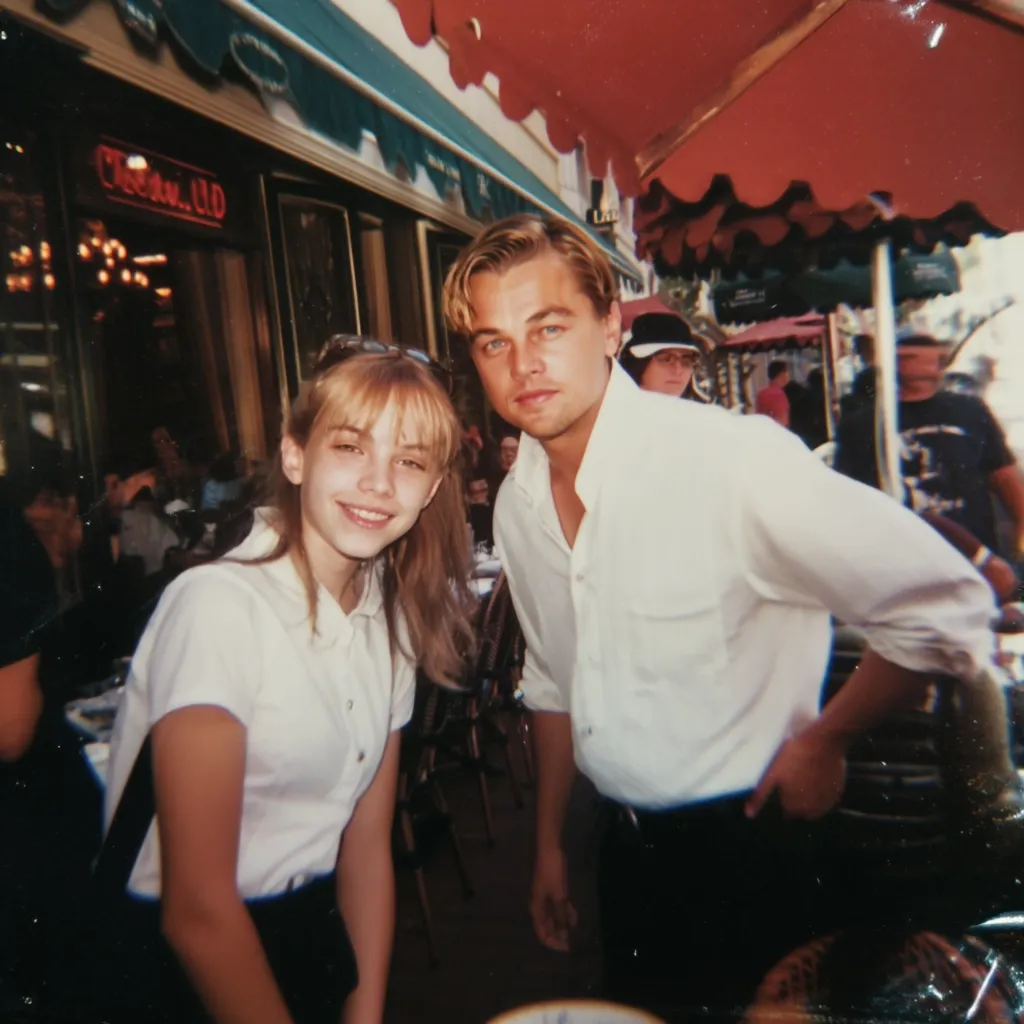 A young girl stands beside Leonardo DiCaprio in an outdoor cafe.  DiCaprio, wearing a white, long-sleeved shirt and dark pants, smiles slightly. The girl wears a white collared shirt and dark skirt. The background is blurry, showing other people seated at tables under a red and white striped umbrella. The photo has a vintage, grainy quality.