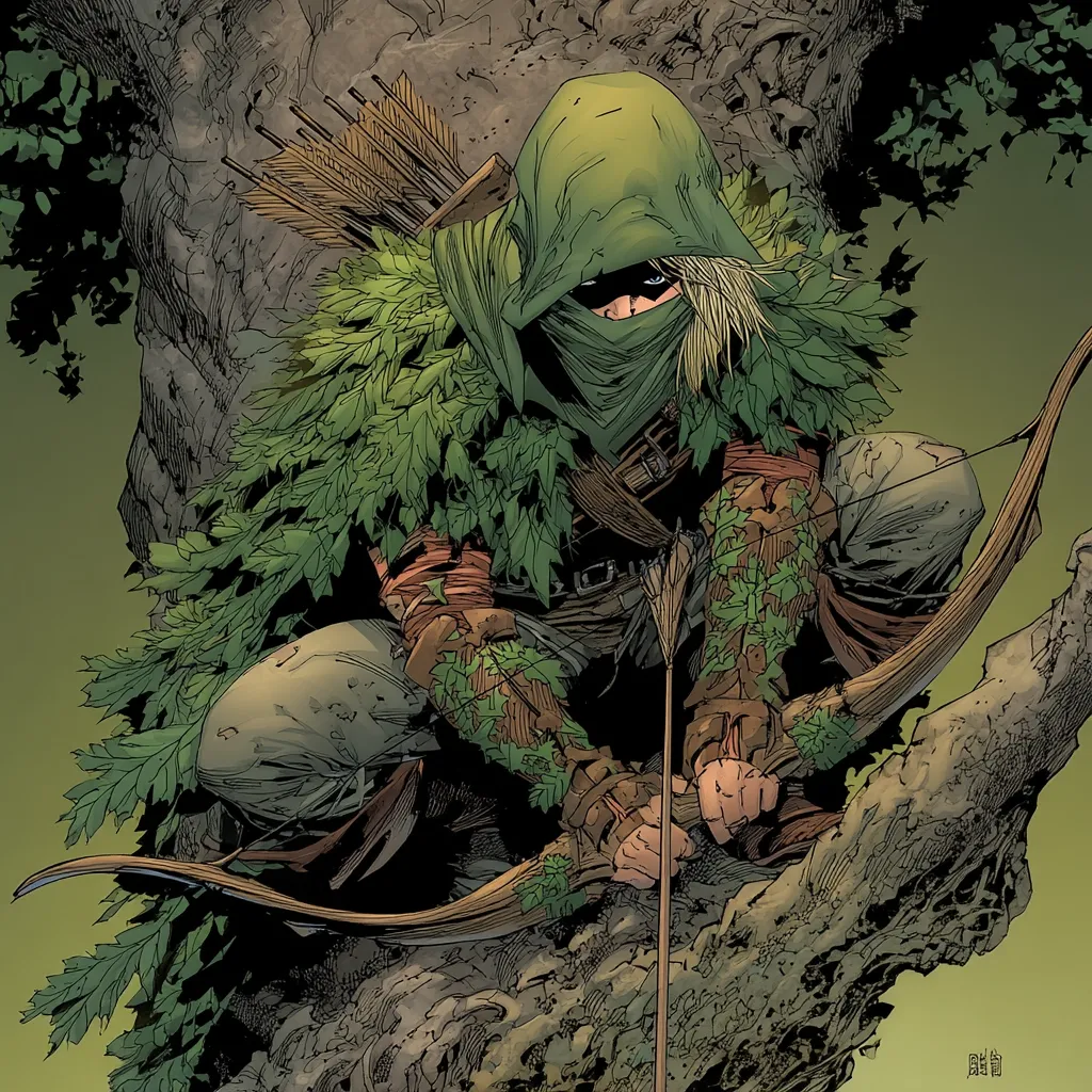 A hooded archer, cloaked in leaves and camouflage, sits perched on a tree branch.  Their face is partially obscured by a green hood and mask.  A longbow rests across their lap, arrows notched and ready.  The detailed artwork emphasizes the archer's blend with the forest environment, creating a sense of stealth and readiness.