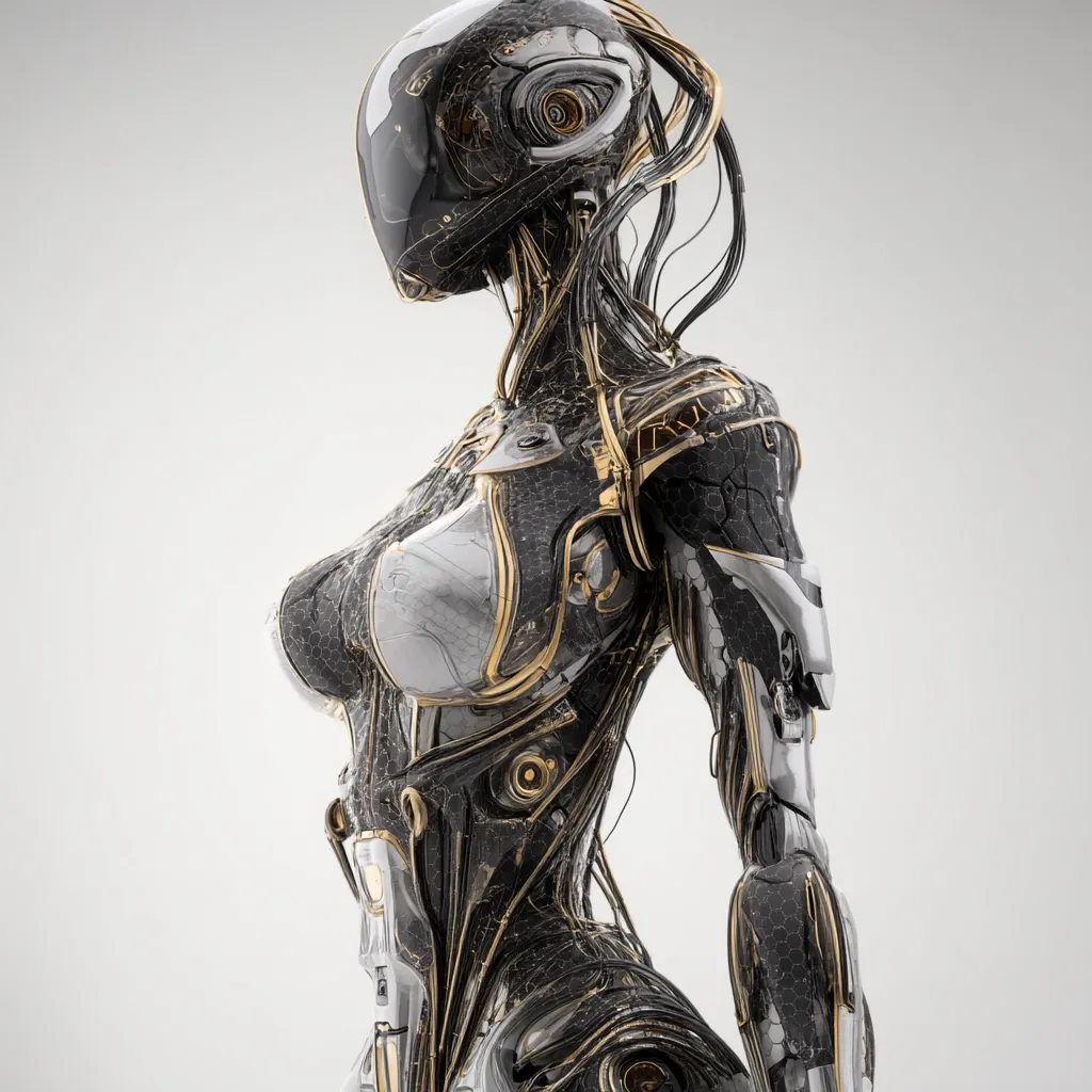 A striking digital rendering showcases a female android, her form a blend of sleek, dark metallic surfaces and gold accents.  Visible internal mechanisms and wiring add to the futuristic aesthetic. Her pose is poised, suggesting both strength and grace. The robot's design is intricate, with a detailed exoskeleton and a helmet-like headpiece. The overall effect is one of elegant technological sophistication.