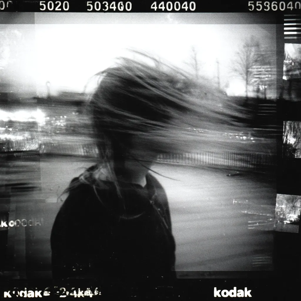A black and white, motion-blurred photograph shows a person with long hair, their face obscured by the blur of movement.  The subject appears to be outdoors, possibly near a fence, with indistinct background lights suggesting a city or town. The image has a grainy, film-like quality with visible Kodak markings along the edges, adding to its vintage aesthetic. The overall effect is one of dynamism and mystery.