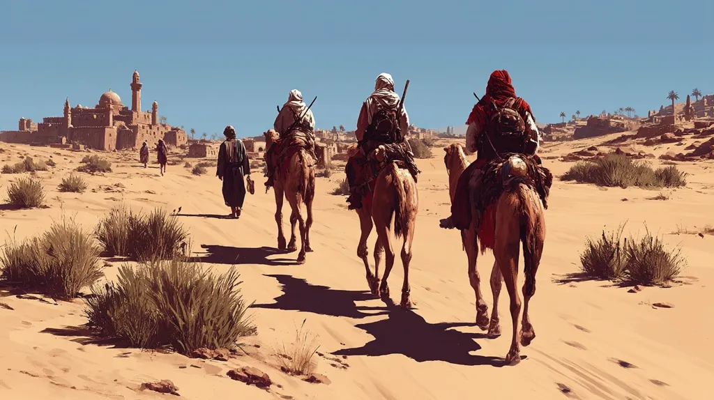 Three figures on camels traverse a desert landscape, their backs to the viewer, heading towards a distant town.  The town, with a prominent mosque, appears ancient and somewhat dilapidated.  A lone traveler walks ahead,  creating a sense of journey and isolation in the vast, sandy expanse under a clear sky. The scene evokes a feeling of adventure and exploration in a remote, historical setting.