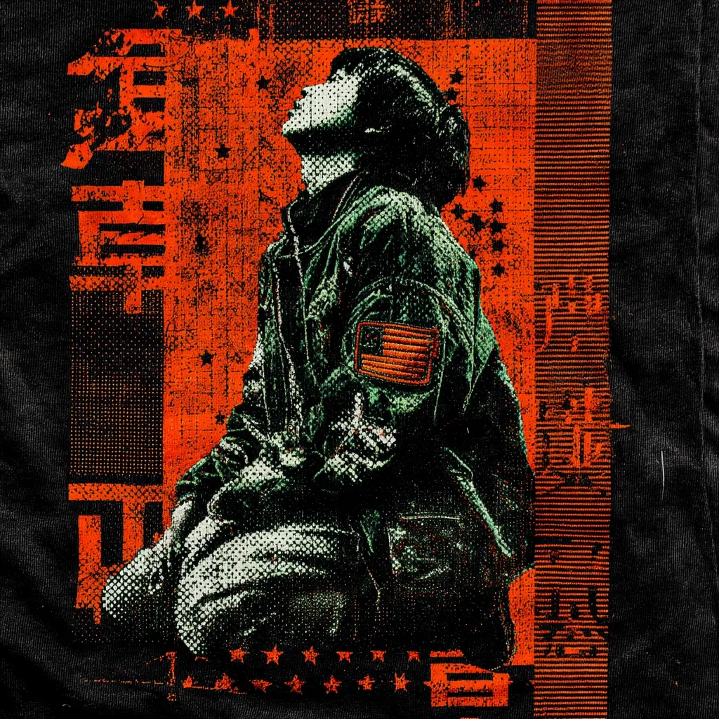 A stylized graphic on a black t-shirt depicts a young person, head tilted back, wearing a jacket with a small American flag patch. The figure is rendered in shades of green and black against a distressed orange background featuring stylized text and star patterns, creating a gritty, vintage aesthetic.  The overall impression is one of contemplation or yearning.