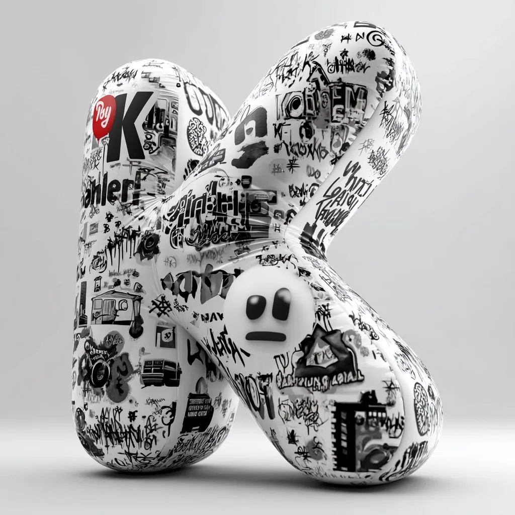 A stylized inflatable figure, shaped like an X, is covered in black and white graffiti-style markings.  The design incorporates various tags, logos, and illustrations, creating a busy, urban aesthetic.  A small, simple emoticon face is centrally positioned on the figure.  The overall impression is one of playful chaos and street art culture.