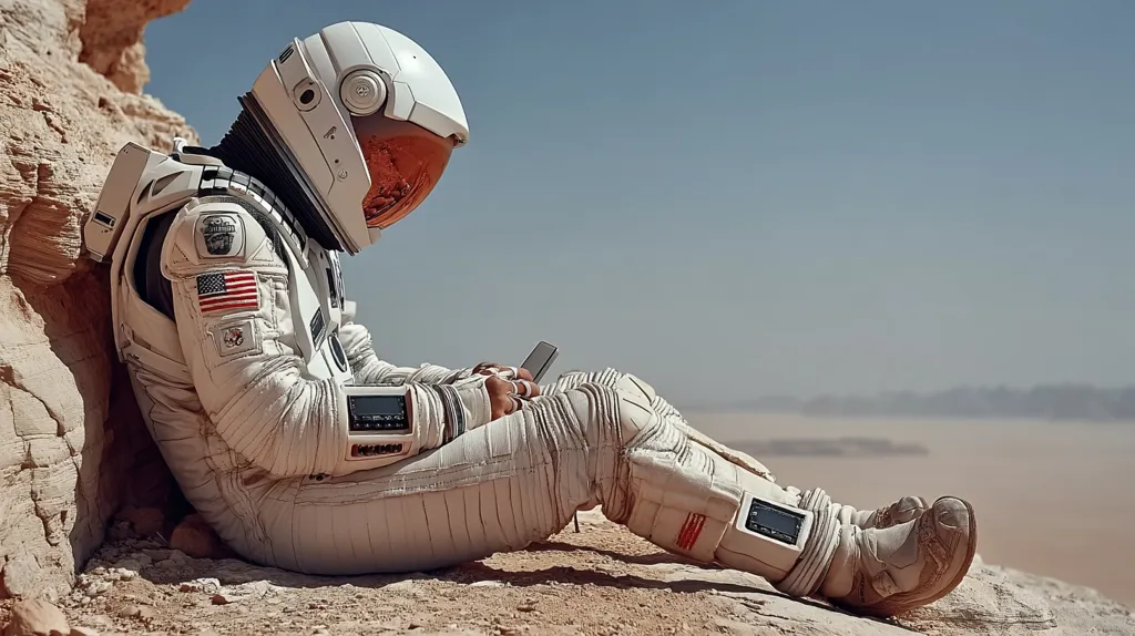 An astronaut, clad in a white spacesuit adorned with an American flag patch, sits against a rocky outcrop on a desolate, sandy planet.  The vast, hazy expanse stretches to the horizon under a clear, bright sky. The astronaut appears to be using a small device, perhaps a communication tool, offering a sense of isolation and technological dependence in a harsh, alien environment.