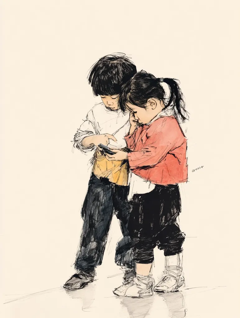 Two young children, a boy and a girl, huddle closely together, engrossed in looking at a small device they hold between them. The boy, wearing a white shirt and dark pants, is slightly taller than the girl, who sports a salmon-colored jacket and black pants.  Their expressions are focused and absorbed in the shared activity. The artwork is rendered in a loose, expressive style with visible brushstrokes, giving it a spontaneous and charming quality.