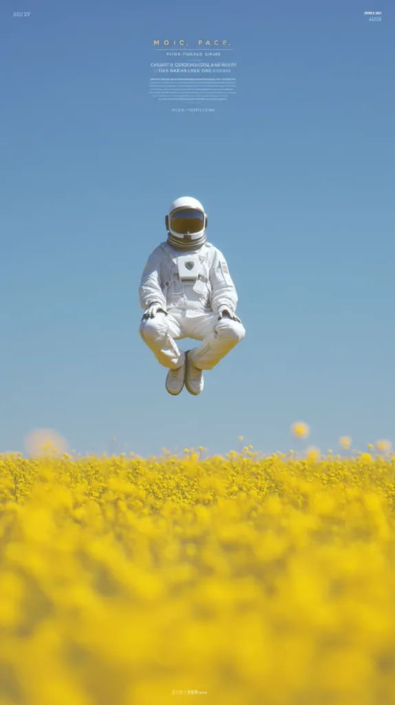 A serene image depicts an astronaut, seemingly levitating in a meditative lotus pose above a vibrant yellow field of flowers under a clear blue sky. The astronaut's white spacesuit contrasts beautifully against the bright blossoms.  The scene is peaceful and evokes a sense of tranquility and wonder, suggesting themes of space, meditation, and the beauty of nature.  Minimalist text overlays the image.