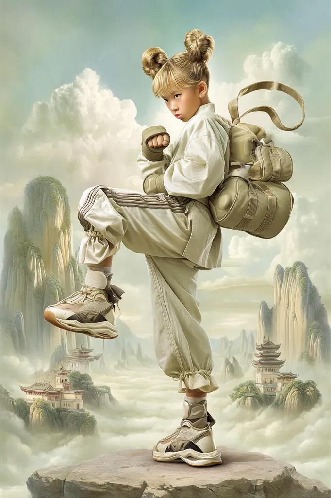 A young girl with pigtails, dressed in a beige martial arts outfit and carrying a large backpack, stands in a fighting stance on a rocky outcrop.  A misty, mountainous landscape reminiscent of East Asian art forms the backdrop. Her clothing and footwear suggest a blend of traditional and modern styles. The overall image evokes a sense of strength, determination, and adventure.
